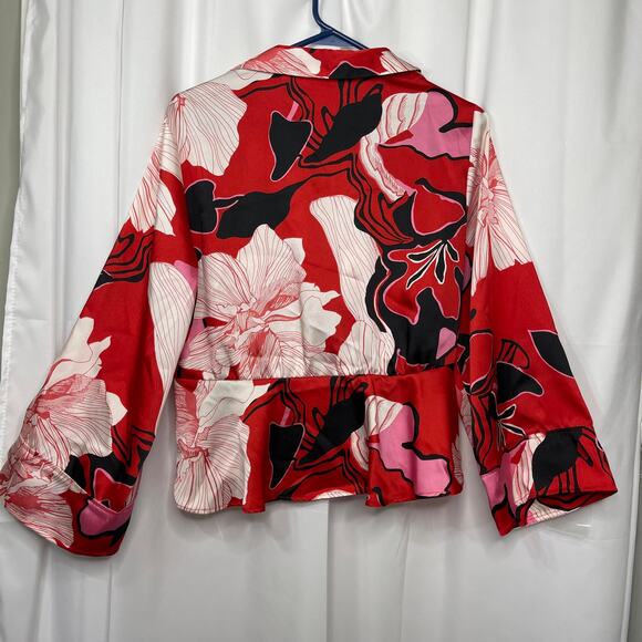 Red floral blouse women's size large pink red and cream satin work wear - Picture 10 of 14